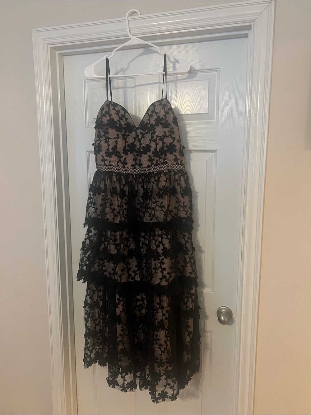 Tiered Lace Strapless Evening Dress in Black and Nude